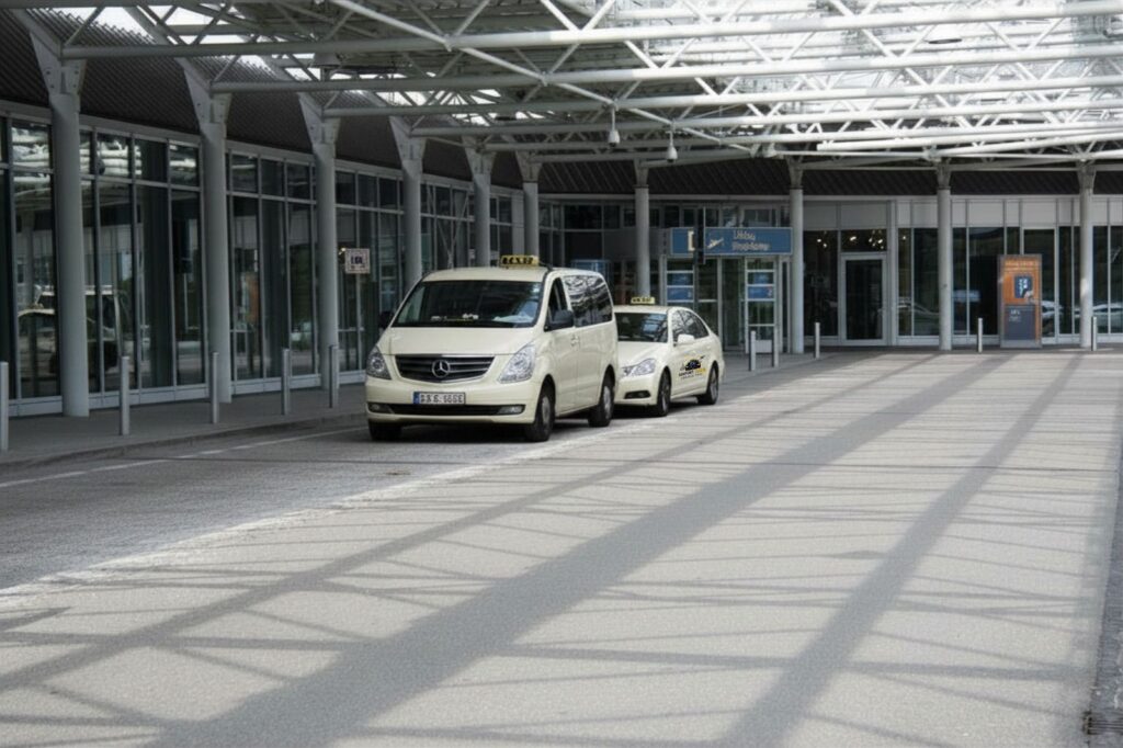 Taxis waiting at the airport terminal pickup area