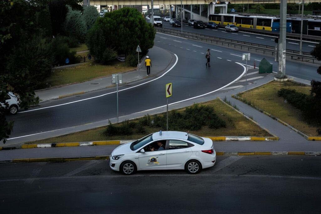 White taxi driving through a road interchange